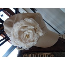 Upcycled  messenger Hat Cap beige Magnolia Shabby Faux Pearl OSFM Boho Eco  eb-37902672